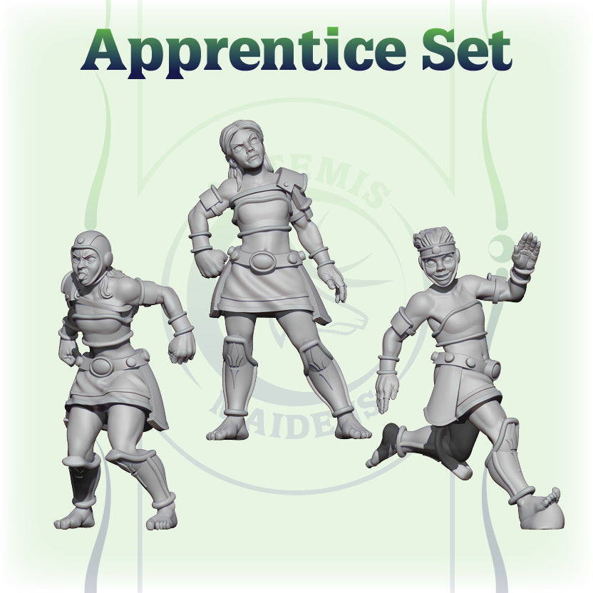 Render de las miniaturas en escala 32 mm de Cime, Esmirna y Pitane para fantasy football.