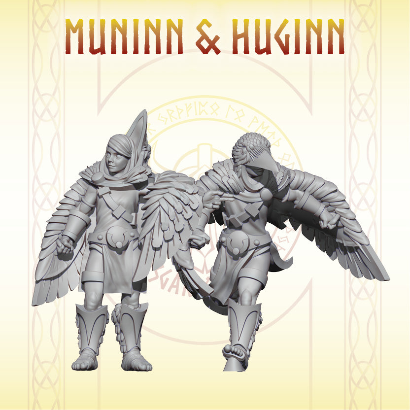 Render de las miniaturas en escala 32 mm de Muninn y Huginn para fantasy football.