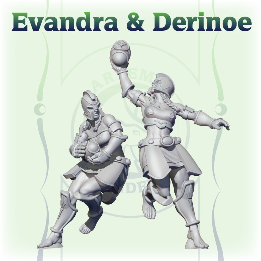 Render de las miniaturas en escala 32 mm de Evandra y Derinoe para fantasy football.