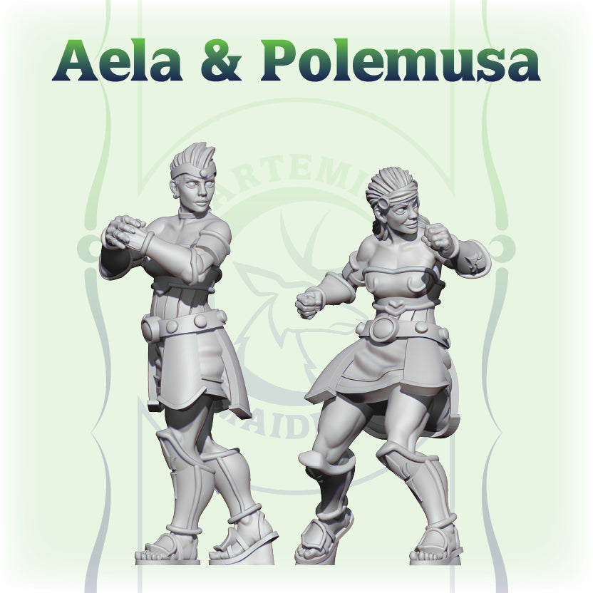 Render de las miniaturas en escala 32 mm de Aela y Polemusa para fantasy football.