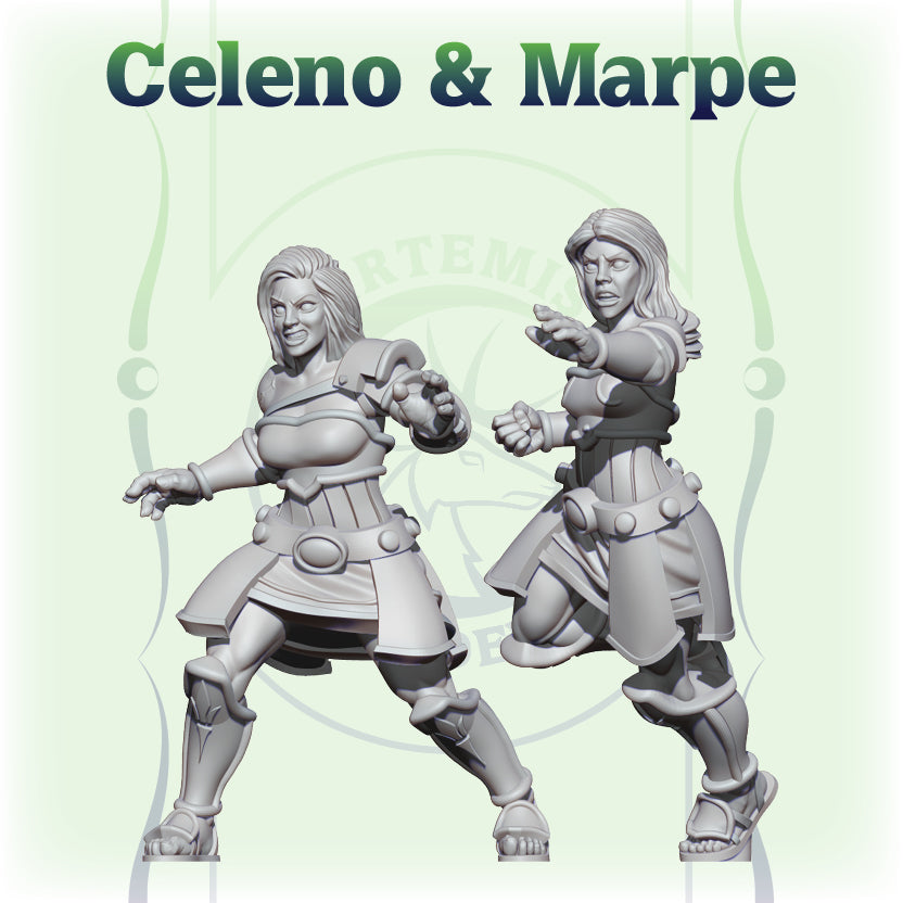 Render de las miniaturas en escala 32 mm de Celeno y Marpe para fantasy football.