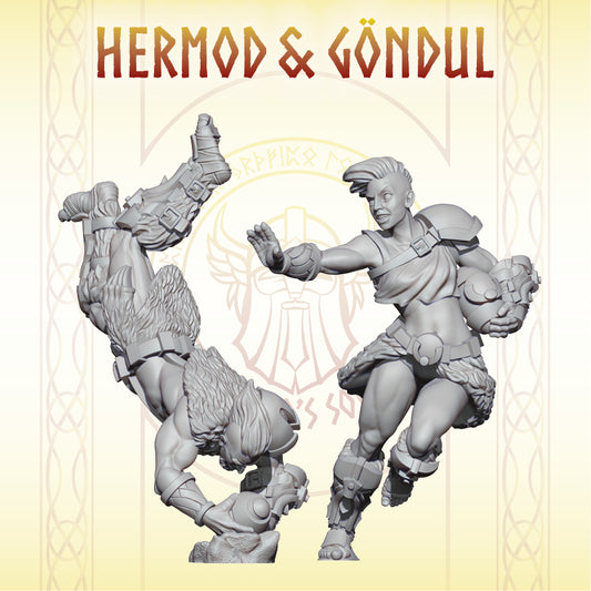 Render de las miniaturas en escala 32 mm de Hermod y Göndul para fantasy football.